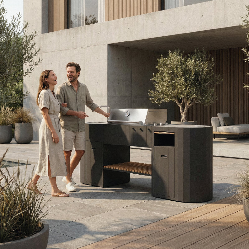 Q-Boo OVO GL buitenkeuken zwart staal – Gasbarbecue met spoelbak en Dekton Kreta werkblad