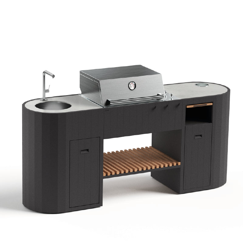 Q-Boo OVO GL buitenkeuken zwart staal – Gasbarbecue met spoelbak en Dekton Kreta werkblad