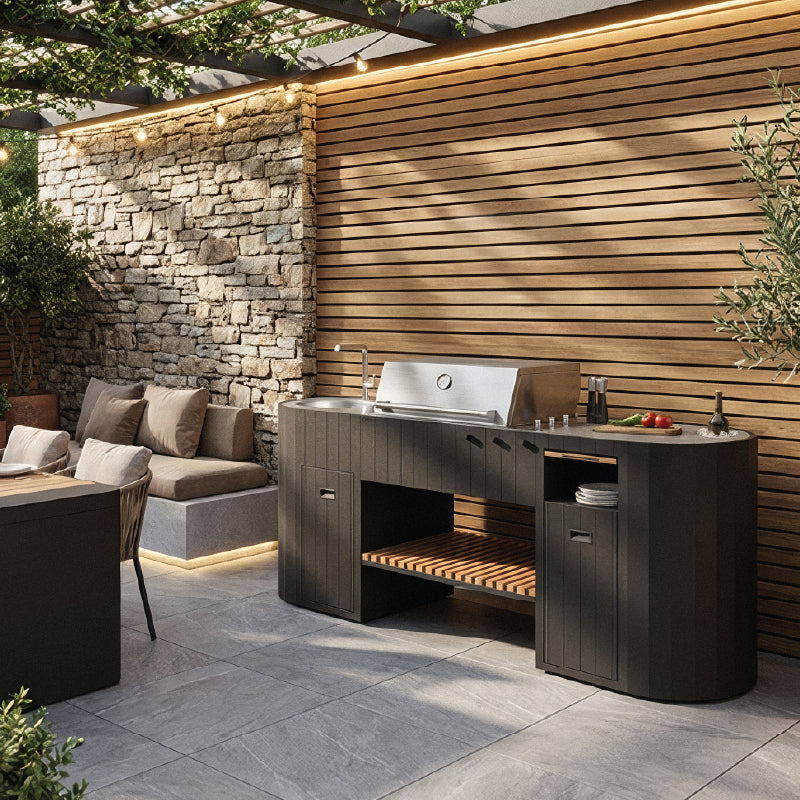 Q-Boo OVO GL buitenkeuken zwart staal – Gasbarbecue met spoelbak en Dekton Kreta werkblad