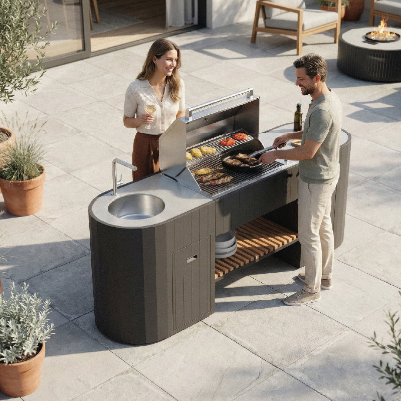 Q-Boo OVO GL buitenkeuken zwart staal – Gasbarbecue met spoelbak en Dekton Kreta werkblad