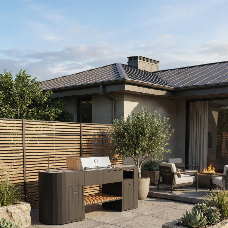 Q-Boo OVO GL buitenkeuken zwart staal – Gasbarbecue met spoelbak en Dekton Kreta werkblad