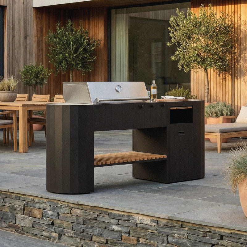 Q-Boo OVO GM buitenkeuken zwart staal – Gasbarbecue met Dekton Kreta werkblad