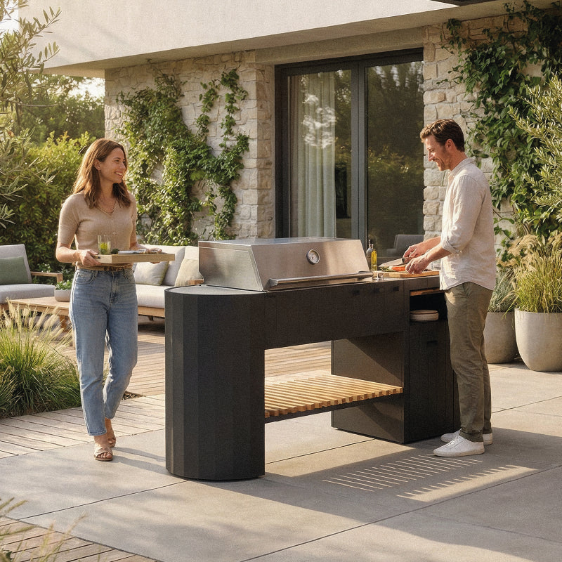 Q-Boo OVO GM buitenkeuken zwart staal – Gasbarbecue met Dekton Kreta werkblad
