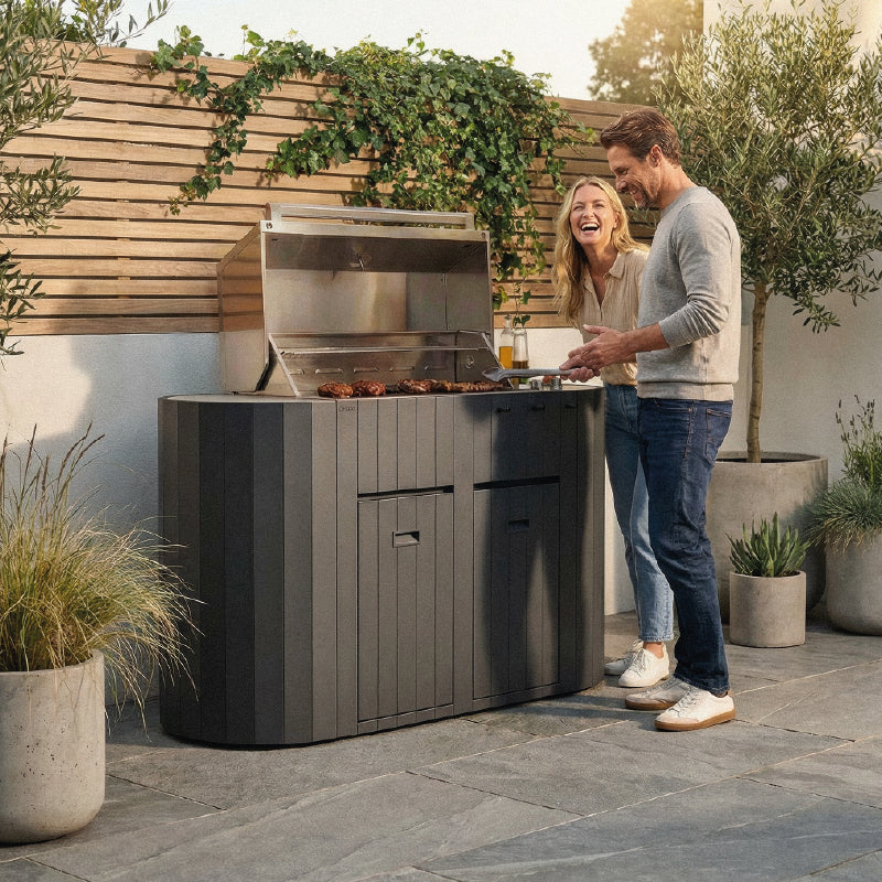 Q-Boo OVO GS buitenkeuken zwart staal – Gasbarbecue met Dekton Kreta werkblad