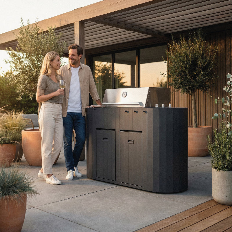Q-Boo OVO GS buitenkeuken zwart staal – Gasbarbecue met Dekton Kreta werkblad