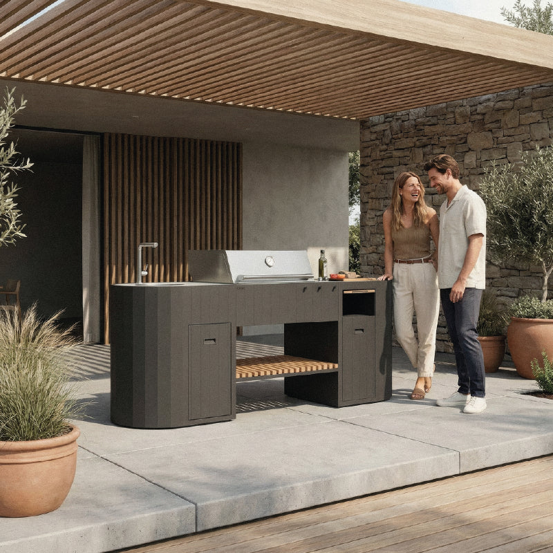 Q-Boo OVO GL buitenkeuken zwart staal – Gasbarbecue met spoelbak en Dekton Kreta werkblad