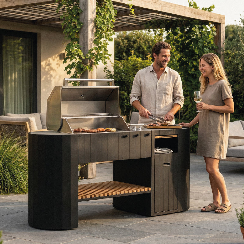 Q-Boo OVO GM buitenkeuken zwart staal – Gasbarbecue met Dekton Kreta werkblad